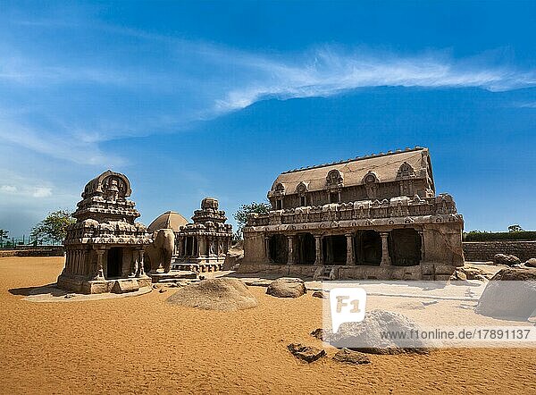 Five Rathas  ancient Hindu monolithic Indian rock-cut architecture. Mahabalipuram  Tamil Nadu  South India