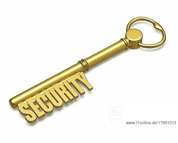 Security concept  golden key with security text made of gold isolated on white background