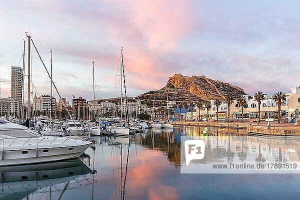 Hafen von Alicante am Abend Port dAlacant Marina mit Booten und Blick auf die Burg Castillo Urlaub Reise reisen Stadt in Alicante  Spanien  Europa