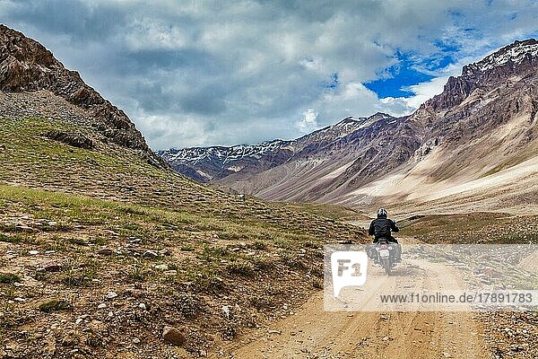 Bike on mountain road in Himalayas. Spiti Valley  Himachal Pradesh  India  Asia