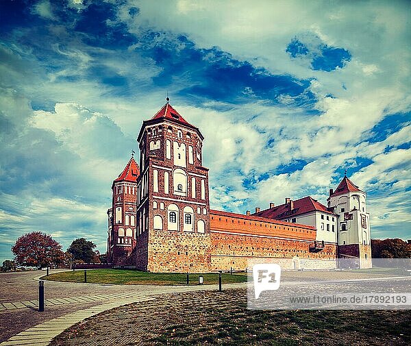 Vintage retro effect filtered hipster style travel image of medieval Mir castle famous landmark in town Mir  Belarus  Europe