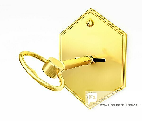 Sicherheitskonzept  goldener Tresorschlüssel im Schlüsselloch auf Weiß