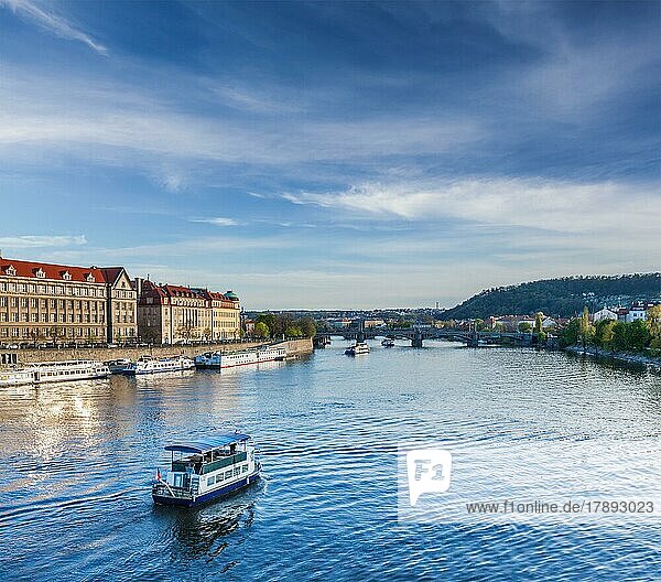 Tourist boats on Vltava river in Prague  Czech Republic  Europe