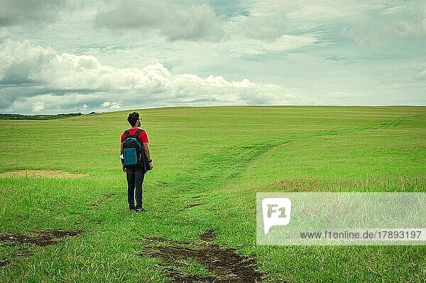 Blick auf Reisende Mann auf einer schönen Straße auf dem Lande. Junge Entdecker Mann zu Fuß in einem grünen Feld  Backpacker Mann zu Fuß in einem schönen Feld