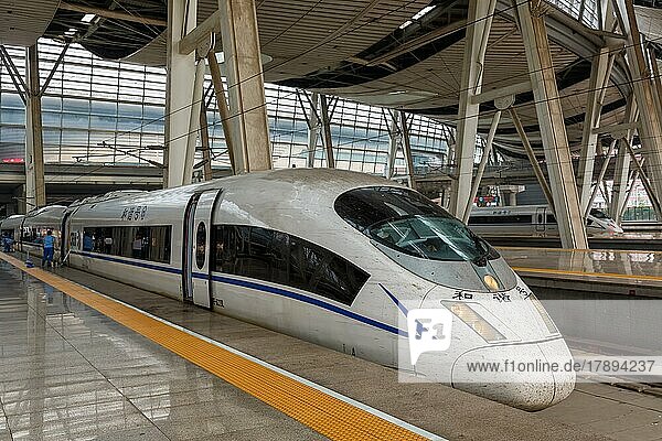 Siemens Velaro CN CRH3 Hochgeschwindigkeitszug Zug im Bahnhof Beijing South Railway Station in Peking China Asien