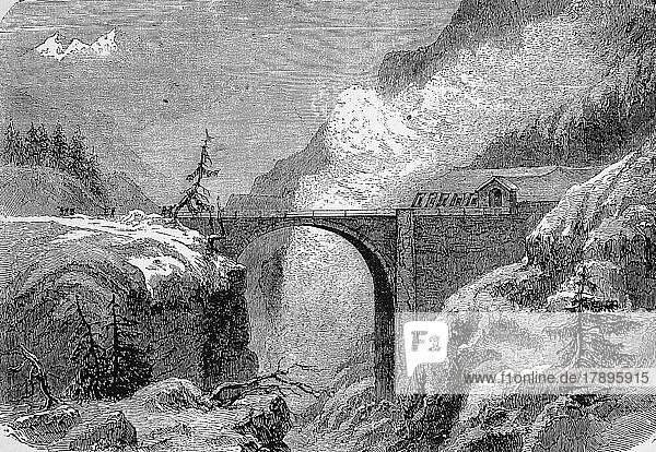 An arched bridge on the road over the San Bernardino Pass in the Alps  in 1869  Switzerland  Historic  digitally restored reproduction of a 19th century original  exact original date unknown  Europe