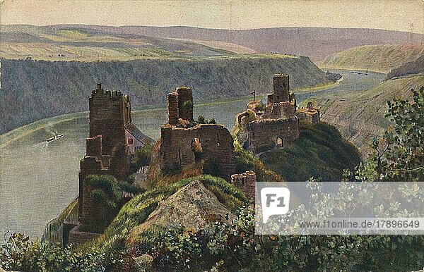Liebenstein and Sterrenberg  castles  Kamp-Bornhofen  now Rhein-Lahn-Kreis  Rhineland-Palatinate  view from c. 1910  digital reproduction of a postcard in the public domain