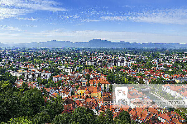 Slovenia  Ljubljana  View of old town with hills in distant background