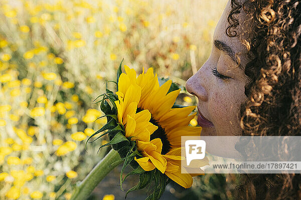 Junge Frau riecht gelbe Sonnenblume im Park