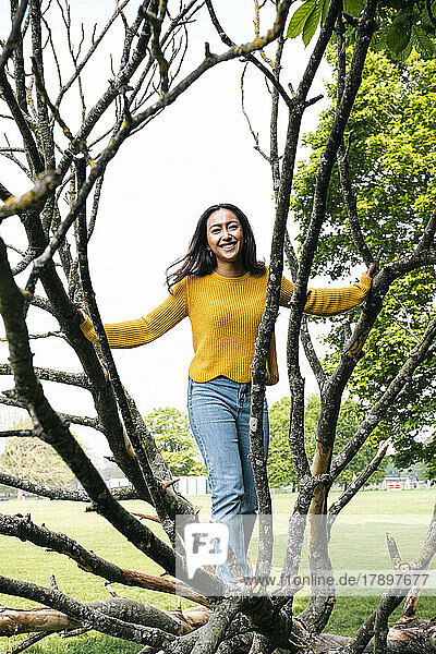 Glückliche junge Frau steht auf einem umgestürzten Baum im Park