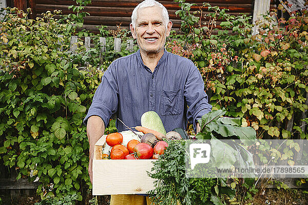 Lächelnder älterer Mann mit frisch geerntetem Gemüse