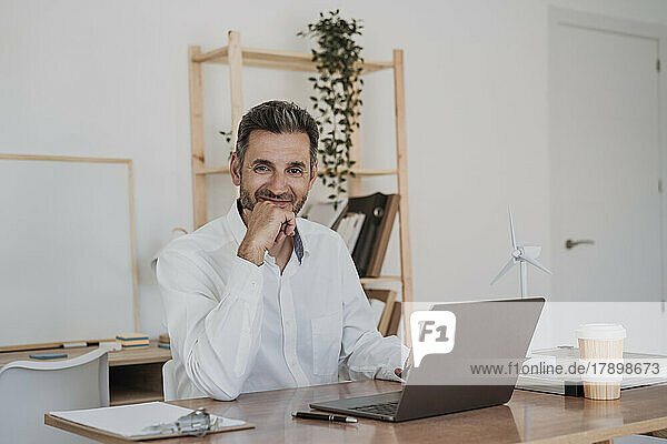 Smiling businessman sitting with laptop at desk in office