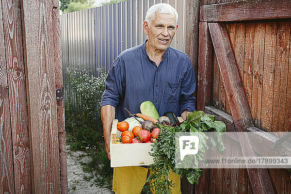 Älterer Mann mit frischem Gemüse in Holzkiste vor der Tür