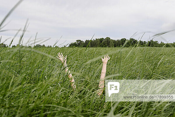 Girl with hands raised amidst grass