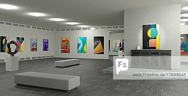 Canvas paintings and plastic models arranged in art gallery