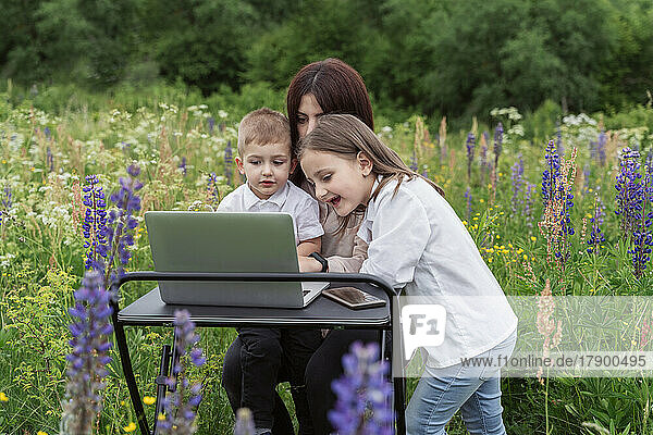 Children looking at mother working on laptop in meadow