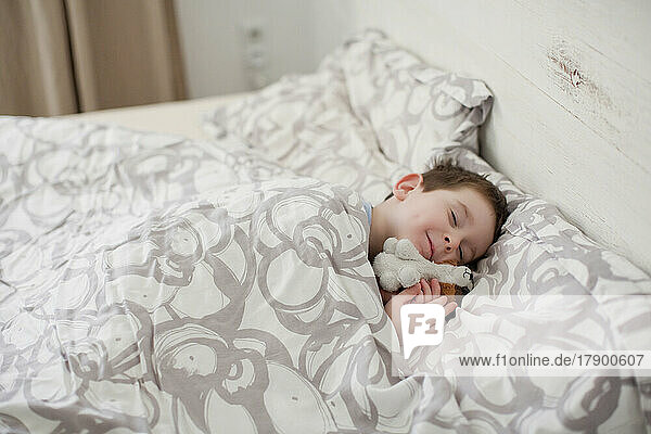 Smiling boy with toy sleeping on bed