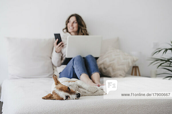 Dog lying on bed with thoughtful woman sitting in background