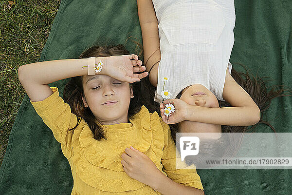 Sisters with chamomile flowers sleeping on blanket