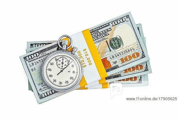 Time is money loan concept background  stopwatch and stack of new 100 US dollars 2013 edition banknotes bills bundles isolated on white