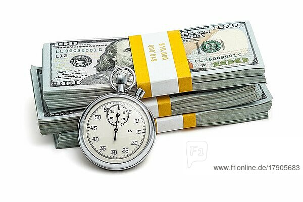 Time is money loan concept background  stopwatch and stack of new 100 US dollars 2013 edition banknotes bills bundles isolated on white