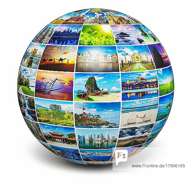 Globale Reise Medien Welt Globus Konzept  Bild Kugel mit Reisen Bilder vor weißem Hintergrund. Alle Fotos sind aus meinem Portfolio