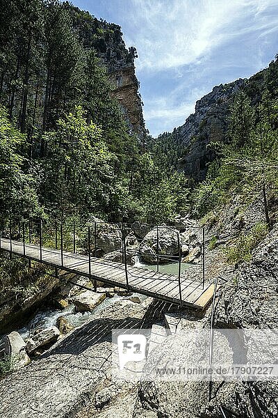 Wanderweg mit Brücke in der Schlucht von Trevans  Gorges de Trévans  Fluss L Estoublaisse  Nähe von Estoublon  Alpes-de-Haute-Provence  Provence  Frankreich  Europa