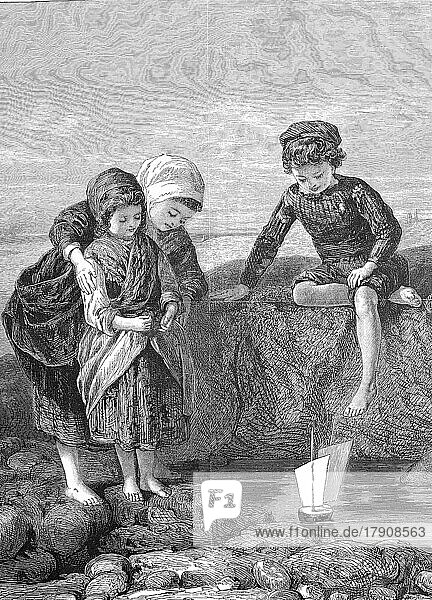 Die Kinder de Fischers spielen am Meer mit einem Spielzeugschiff  1869  Frankreich  Historisch  digital restaurierte Reproduktion einer Originalvorlage aus dem 19. Jahrhundert  genaues Originaldatum nicht bekannt  Europa