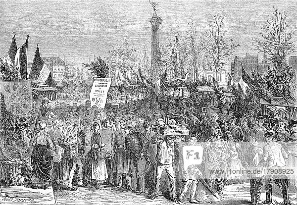 Schinkenmarkt am Boulevard Bourdon  1869  Paris  Frankreich  Historisch  digital restaurierte Reproduktion einer Originalvorlage aus dem 19. Jahrhundert  genaues Originaldatum nicht bekannt  Europa