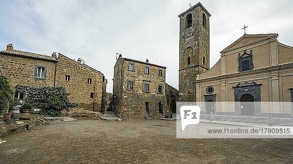 Old tufa buildings and Chiesa San Donato in the hilltop village of Civita di Bagnoregio  Lazio  Italy  Europe