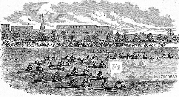 Große Regatta von Madras  Kanus  1869  Indien  Historisch  digital restaurierte Reproduktion einer Originalvorlage aus dem 19. Jahrhundert  genaues Originaldatum nicht bekannt  Asien