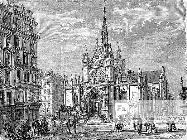 The Catholic parish church of Saint-Laurent in Paris was begun in the 15th century in the late Gothic style and completed in the 18th century  1869  France  Historic  digitally restored reproduction of a 19th century original  exact original date unknown  Europe