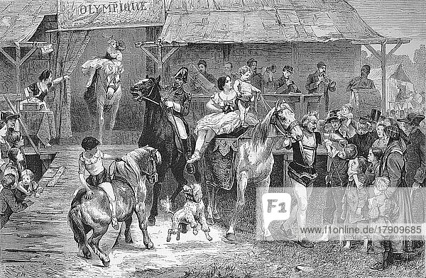 Parade vor dem Zirkus  Pferde und Akrobaten belustigen Kinder und Erwachsene  1869  Paris  Frankreich  Historisch  digital restaurierte Reproduktion einer Vorlage aus dem 19. Jahrhundert  Europa