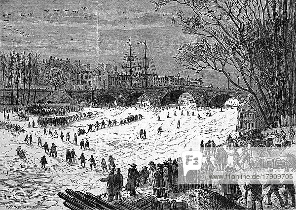 Die zugefrorene Seine am 3. Januar 1869  viele Spaziergänger laufen auf dem Eis  Paris  Frankreich  Historisch  digital restaurierte Reproduktion einer Originalvorlage aus dem 19. Jahrhundert  genaues Originaldatum nicht bekannt  Europa