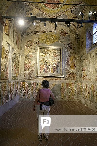 Frau betrachtet Fresken in der Basilika San Salvatore  Brescia  Provinz Brescia  Italien  Europa