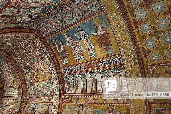 Oratorio di San Pellegrino  interior  walls painted with frescoes  in front the representation of the Calendario Bominacese  Bominaco  province of L'Aquila  Abruzzo region  Italy  Europe