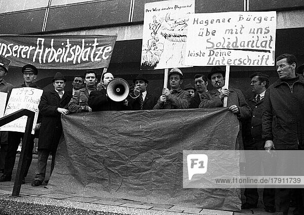 Steelworkers demanded the preservation and protection of their jobs on 4 February 1972 in front of the headquarters of the Suedwestfalen steelworks in Hagen-Eckesey  Germany  Europe