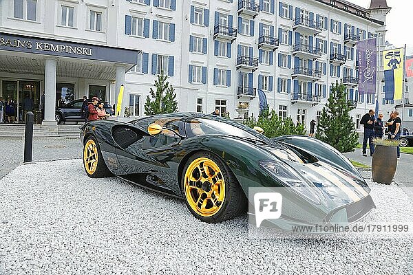 De Tomaso P 72 super sports car in front of Grand Hotel des Bains Kempinski during the International Automobile Weeks  St. Moritz  Engadin  Switzerland  Hypercar  Europe