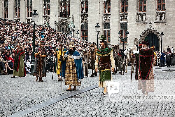 BRUGES  BELGIUM  MAY 17: Annual Procession of the Holy Blood on Ascension Day. Locals perform an historical reenactment and dramatizations of Biblical events. May 17  2012 in Bruges (Brugge)  Belgium  Europe