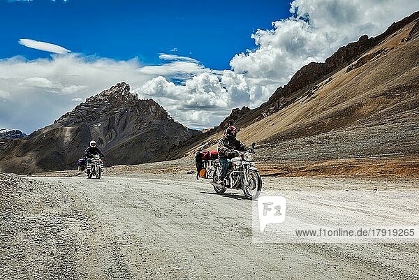 LADAKH  INDIA  SEPTEMBER 2  2011: Bike tourists in Himalayas on famous high altitude Leh?Manali Highway. Himalayan bike tourism is gaining popularity for tourists and bikers from all over the world
