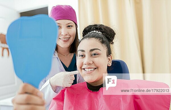 Zufriedener Patient in der Zahnklinik  der in den Spiegel schaut  Zahnarzt neben dem zufriedenen Patienten  der in den Zahnspiegel lächelt  weiblicher Patient  der die Zähne nach der Zahnbehandlung in der Zahnklinik kontrolliert