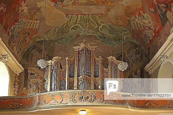 Innenansicht mit Orgel und Deckengemälde auf der Empore von der romanischen Muttergottespfarrkirche in Aschaffenburg  Unterfranken  Franken  Spessart  Bayern  Deutschland  Europa