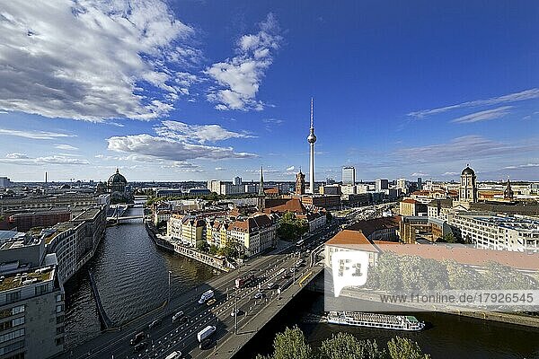 City panorama with Spree  Cathedral  Nikolai Quarter  Red Town Hall  TV Tower and Old Town House  Berlin-Mitte  Berlin  Germany  Europe