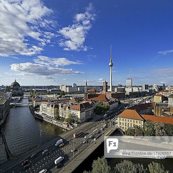 City panorama with Spree  Cathedral  Nikolai Quarter  Red City Hall and TV Tower  Berlin-Mitte  Berlin  Germany  Europe