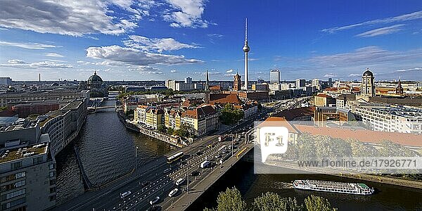 City panorama with Spree  Cathedral  Nikolai Quarter  Red Town Hall  TV Tower and Old Town House  Berlin-Mitte  Berlin  Germany  Europe