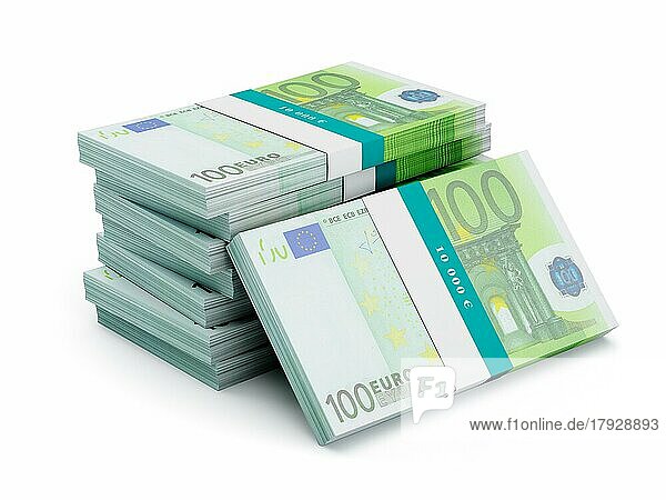 Kreative Business Finance Making Money-Konzept  Stapel von 100 Euro-Banknoten Rechnungen Bündel vor weißem Hintergrund