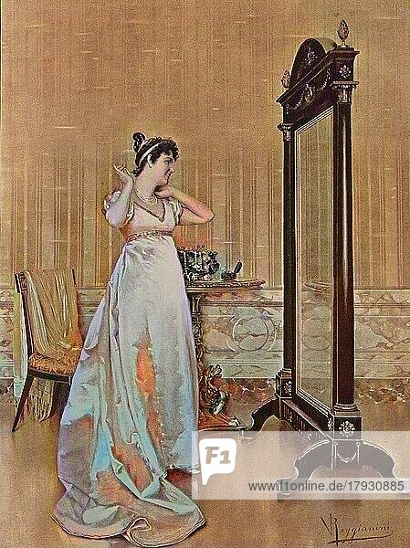Schmuck  elegante Frau probiert eine neue Kette zuhause vor dem Spiegel  1880  England  Historisch  digital restaurierte Reproduktion einer Vorlage aus dem 19. Jahrhundert