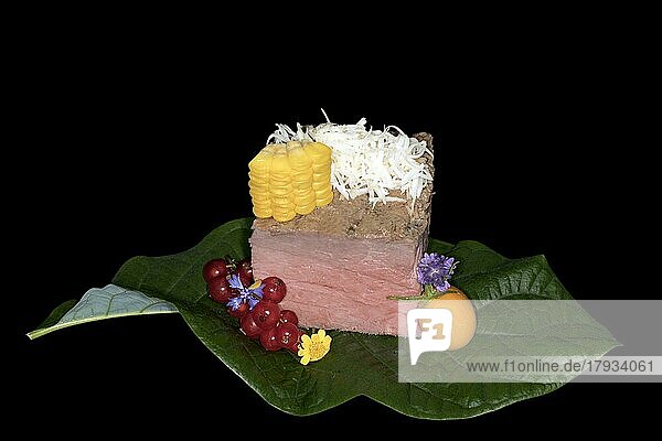 Rosa gebratenes Roastbeef mit frisch geriebenen Meerrettich  Maiskörner  Gelbe Kirschtomate  Johannisbeeren und Blüten  Foodfotografie mit schwarzem Hintergrund
