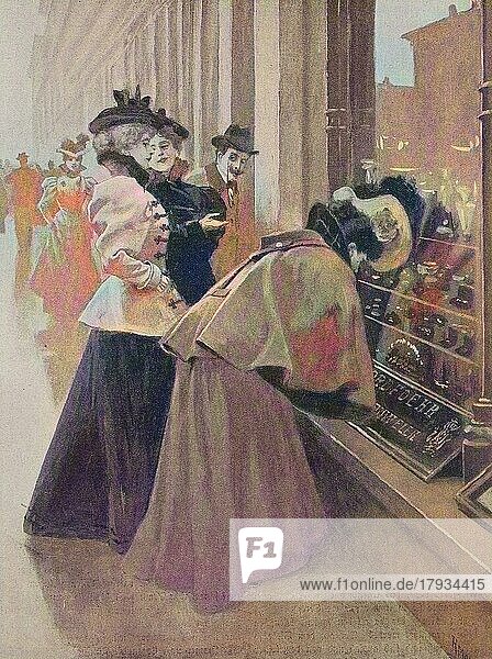 Frauen stehen vor dem Schaufenster eines Juweliers und suchen nach Weihnachtsgeschenken  1880  Frankreich  Historisch  digital restaurierte Reproduktion einer Vorlage aus dem 19. Jahrhundert  Europa