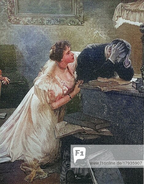 Frau tröstet Ihren Mann nach dessen Bankrott  1880  England  Historisch  digital restaurierte Reproduktion einer Originalvorlage aus dem 19. Jahrhundert  genaues Originaldatum nicht bekannt